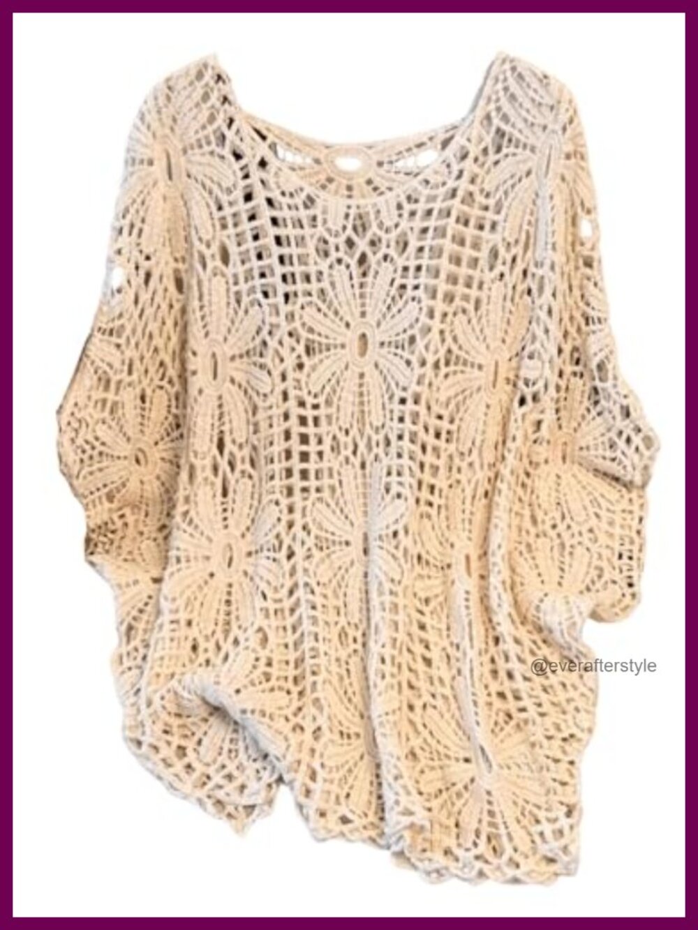 Plus Size Crochet Cover Up Top 3/4 Sleeve Hollow Out Dolman Boho Beach